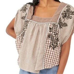 We The Free Brown Gingham Embroidered Blouse